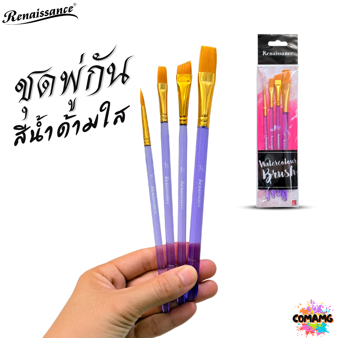 Renaissance ชุดพู่กันสีน้ำ ด้ามใส ทั้งหมด 4ชิ้น คละขนาด พร้อมส่ง