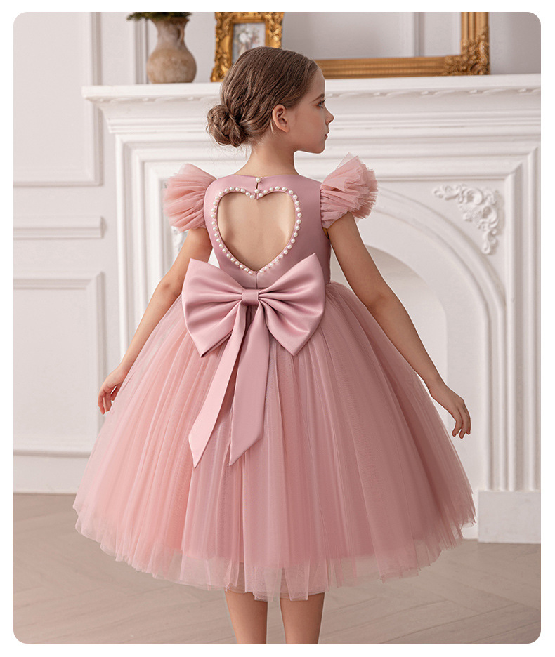 Gd4520- พร้อมส่งจากไทย ชุดออกงานเด็กหญิงสีแดง หลังเว้าสวยหวานด้วยมุก แขนระบายน่ารัก โบว์แยกจากชุดได้ ชุดราตรีเด็กทรงสั้น