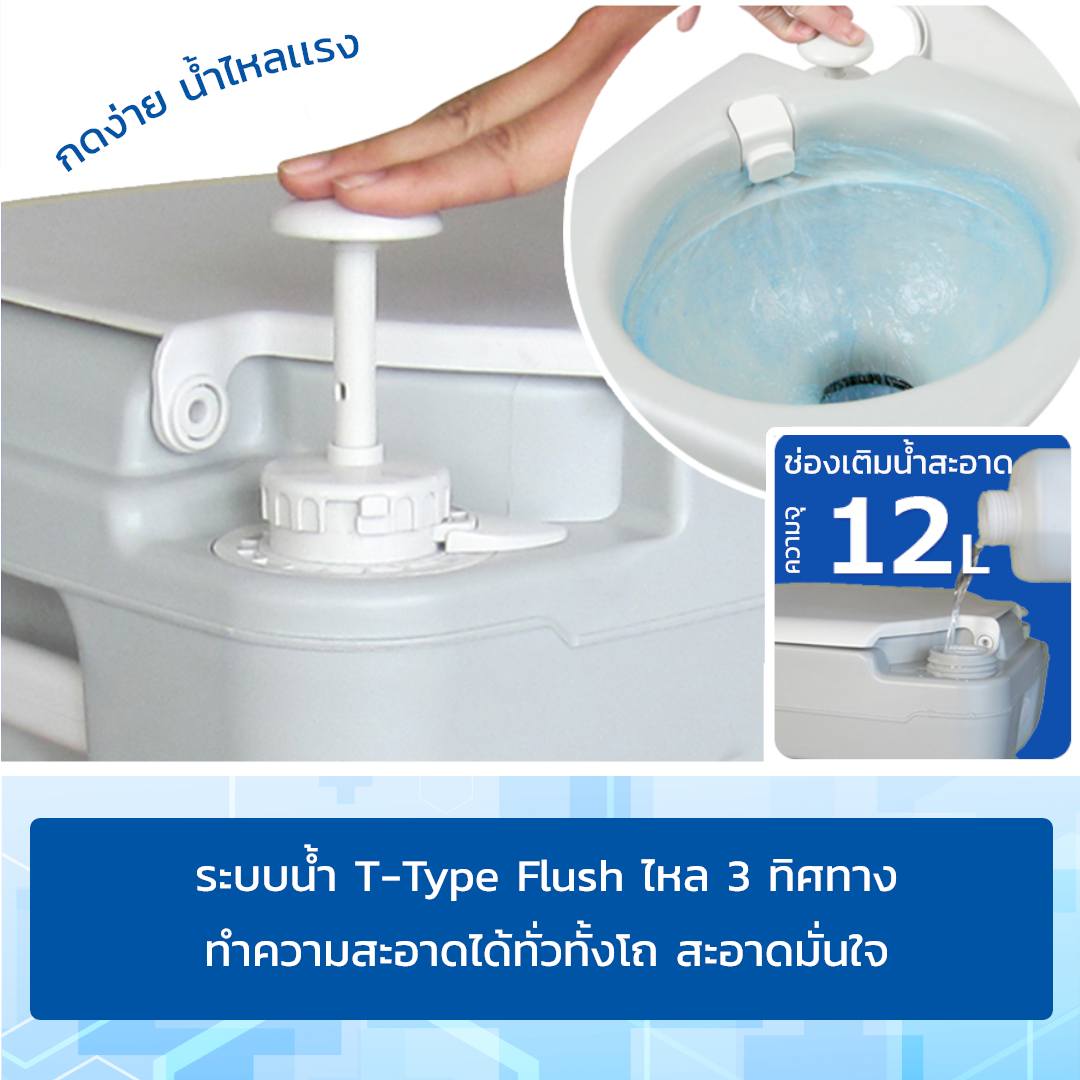สุขาเคลื่อนที่ รุ่น P.1 ฝารองนั่งแบบวงรี ความจุน้ำสะอาด 12 ลิตร ความจุของเสีย 21 ลิตร ฟรีสายฉีดชำระ