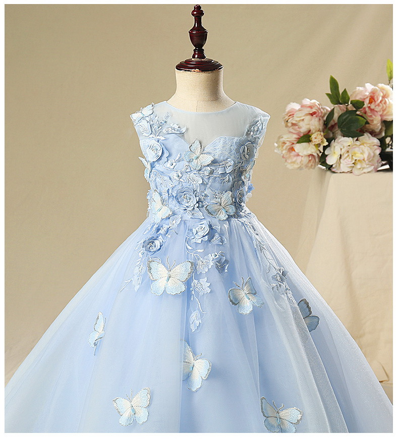 Gd32861-1 พร้อมส่งชุดเดรสออกงานเด็กสีฟ้า แบบหน้ายาว-หลังยาว