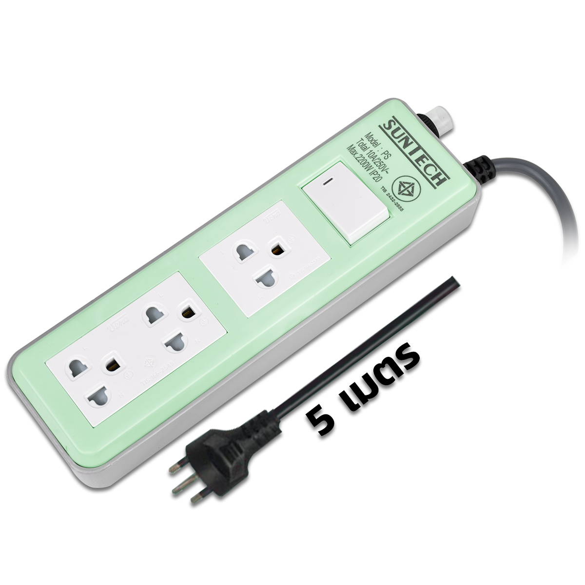 SUNTECH ชุดปลั๊กพ่วง 10A 3ช่อง 1สวิตช์ 5ม. สีเขียว 0.75 Sq.mm. 2,200W [PS1S3R-G-07505]