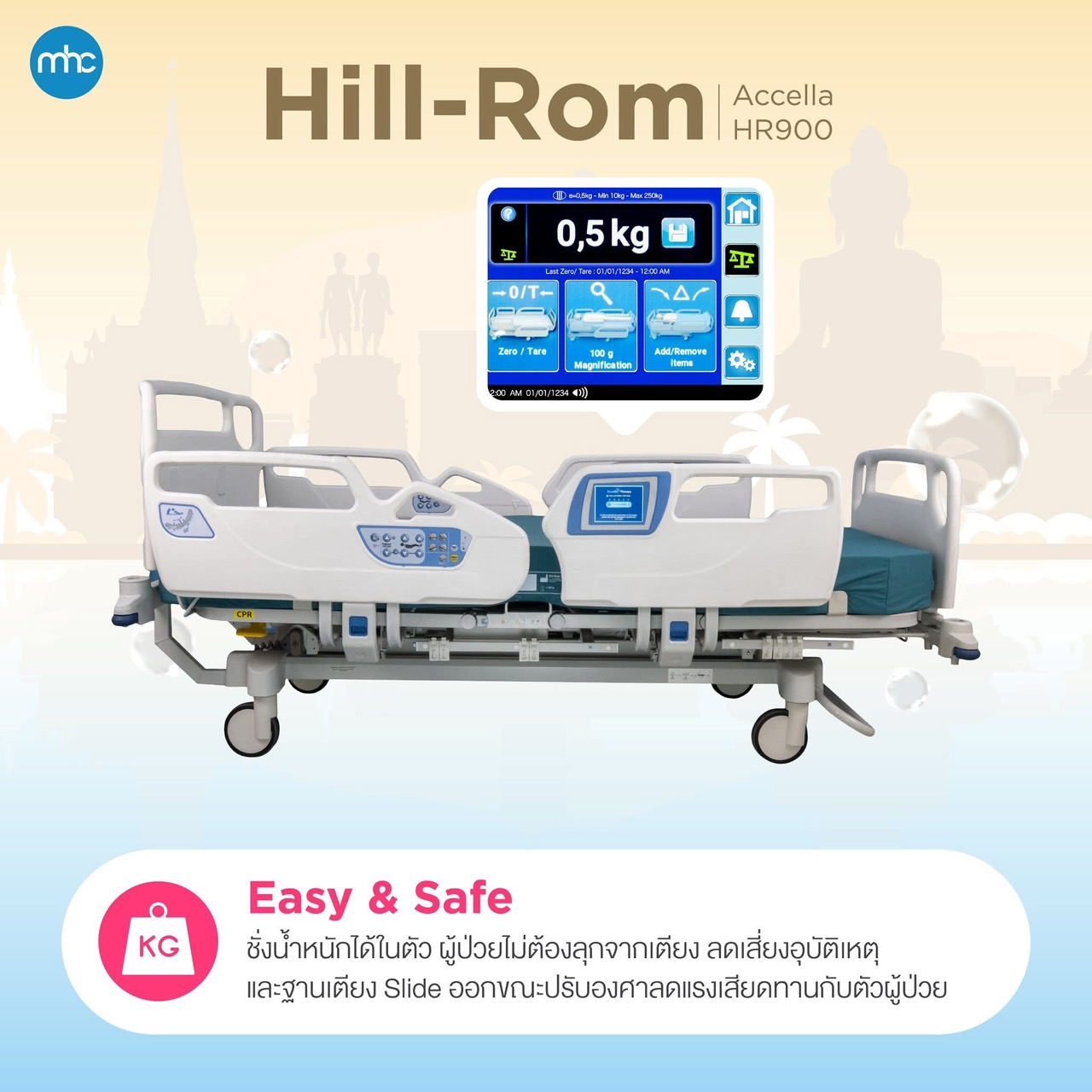 ชุดเตียงผู้ป่วยปรับระดับไฟฟ้า Hill-Rom Accella 900 + ฟูกที่นอน แบรนด์ Hill-Rom NP50 แบรนด์จากประเทศสหรัฐอเมริกา สามารถชั่งน้ำหนักคนไข้บนเตียงได้