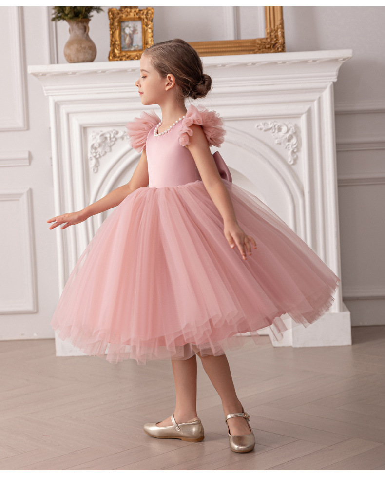 Gd4520- พร้อมส่งจากไทย ชุดออกงานเด็กหญิงสีแดง หลังเว้าสวยหวานด้วยมุก แขนระบายน่ารัก โบว์แยกจากชุดได้ ชุดราตรีเด็กทรงสั้น