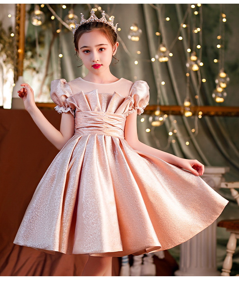Gd4523- พร้อมส่งจากไทย ชุดออกงานเด็กหญิงสีชมพู แบบชมพูโรสโกลด์ หรือสีพิ้งค์โกลด์ สีสวยผ้าสวยสุดหรูหรา โบว์แยกจากชุดได้ ชุดราตรีเด็กทรงสั้น
