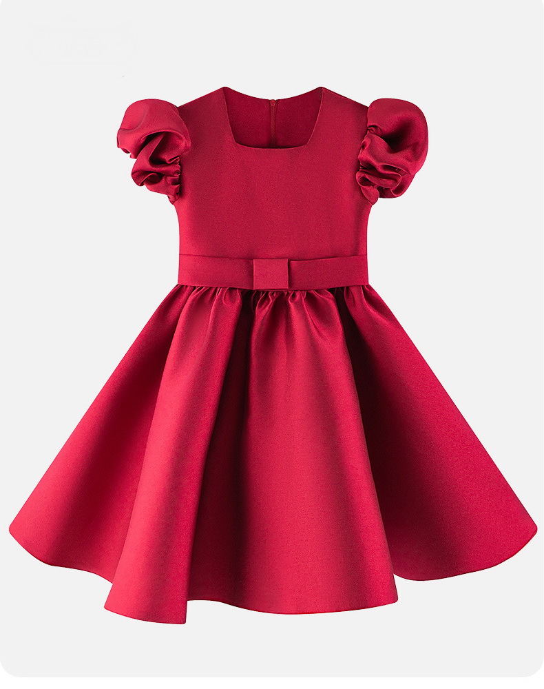 Gd4505- พร้อมส่งจากไทย ชุดออกงานเด็กหญิงสีแดง แขนตุ๊กตาสวย ผ้าสวยดุจไหม ทรงสวยมีสไตล์ ชุดราตรีเด็กทรงสั้น