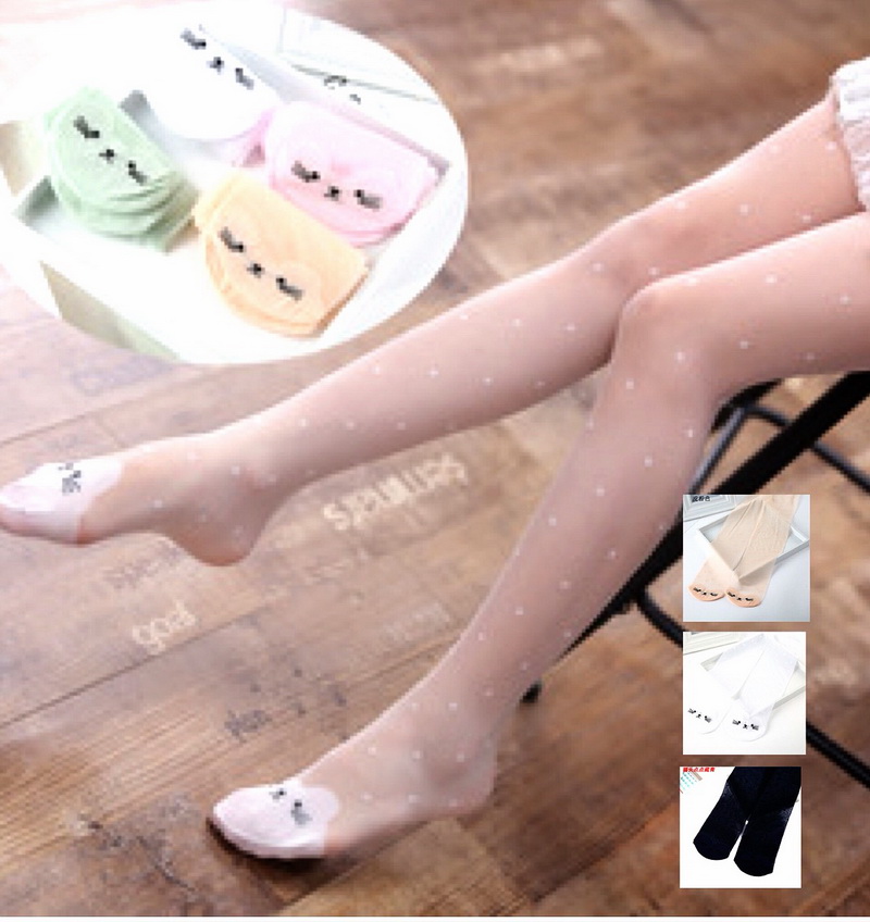 P40000- พร้อมส่งจากไทย ถุงน่องเด็กลายจุดซีทรู มีสีดำ-สีเนื้อ-สีขาว แต่งลายแมวเหมียวที่เท้า คลิกเลือกสีและไซส์
