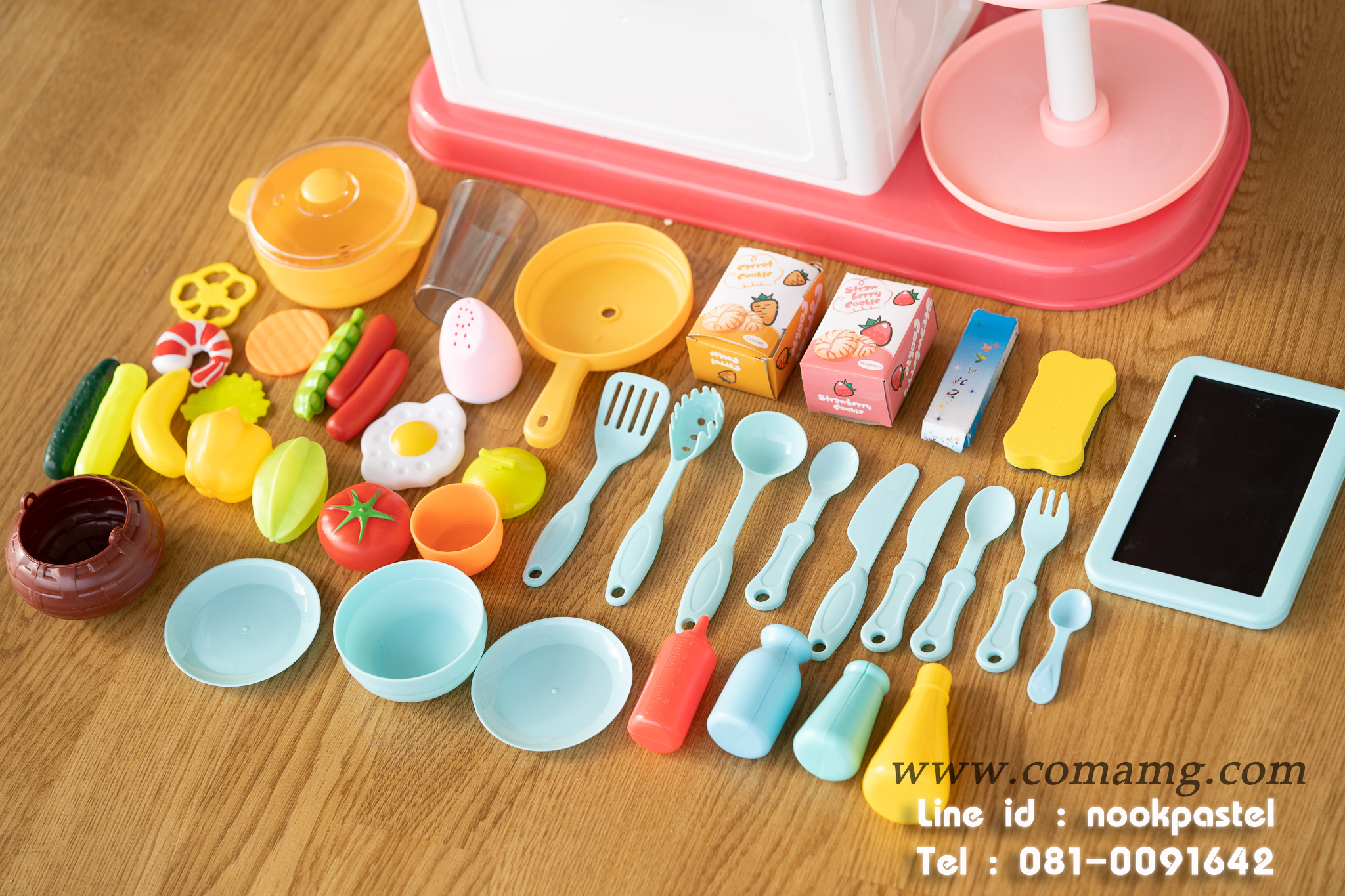 โต๊ะครัวสีชมพูพร้อมอุปกรณ์ 43 ชิ้น น้ำไหลได้จริง (เตาแก๊สมีไอน้ำ)
