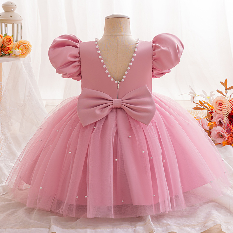 Gd4506- พร้อมส่งจากไทย ชุดออกงานเด็กหญิงสีชมพู แขนตุ๊กตาสวย ทรงสวยมีสไตล์ ชุดราตรีเด็กทรงสั้น