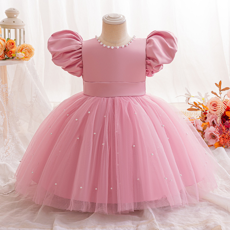 Gd4506- พร้อมส่งจากไทย ชุดออกงานเด็กหญิงสีชมพู แขนตุ๊กตาสวย ทรงสวยมีสไตล์ ชุดราตรีเด็กทรงสั้น