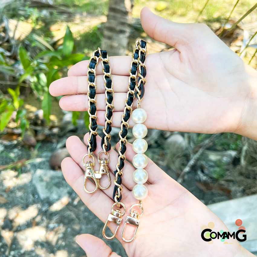 สายกระเป๋าโซ่สั้น โซ่เปียต่อเพื่มความยาวกระเป๋า คล้องโทรศัพย์มือถือ โซ่ถัก+ไข่มุก พร้อมส่ง