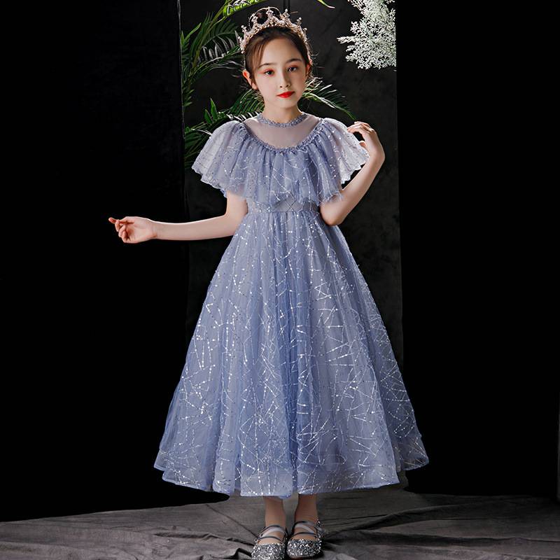 Gd3844- พร้อมส่งจากไทย ชุดออกงานเด็กหญิงสีน้ำเงิน เด็กเล็ก-เด็กโต สวยหรูดูดี สวยหวานด้วยระบายช่วยบน ชุดราตรีเด็กทรงสั้นและทรงยาวห้าส่วน