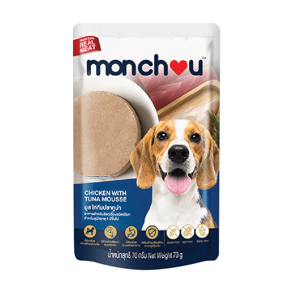 MONCHOU POUCH DOG มองชู อาหารเปียกสุนัข 70g x 12 ซอง สูตรไก่ ตับไก่ ผักรวม อร่อย ย่อยง่าย สำหรับสุนัขทุกสายพันธุ์