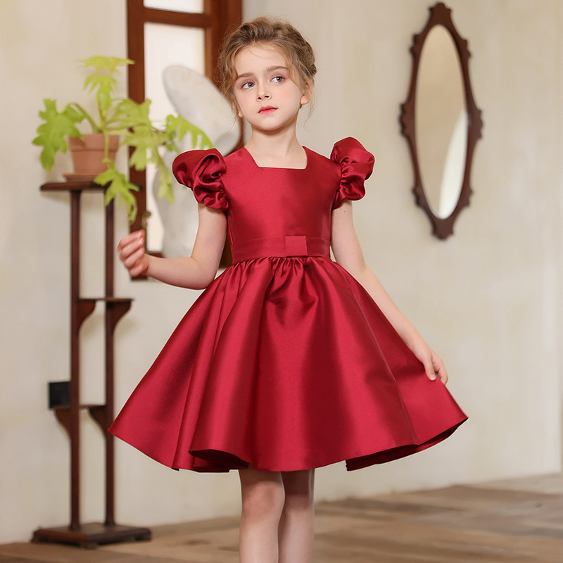 Gd4505- พร้อมส่งจากไทย ชุดออกงานเด็กหญิงสีแดง แขนตุ๊กตาสวย ผ้าสวยดุจไหม ทรงสวยมีสไตล์ ชุดราตรีเด็กทรงสั้น