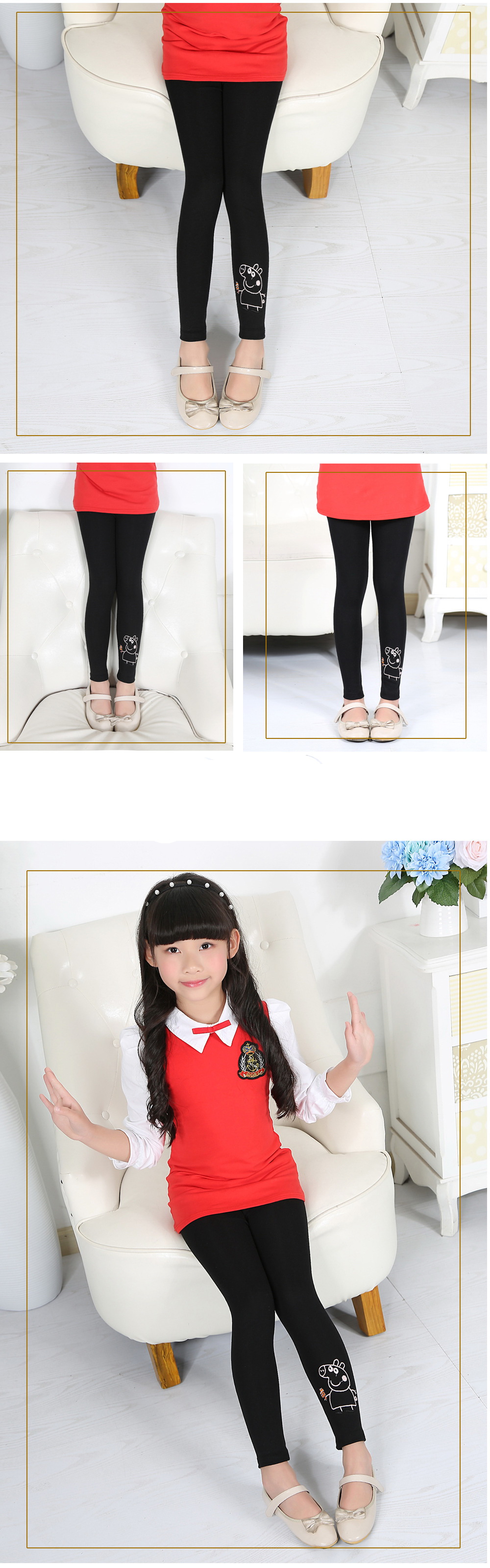 P31081 พร้อมส่งเลกกิ้งเด็กสีดำ ปักแต่งรูปหมู