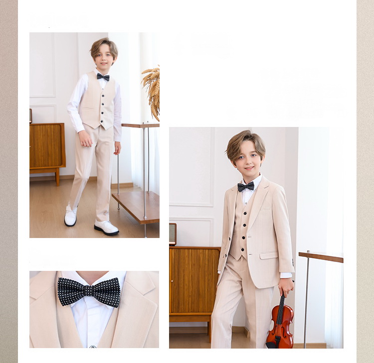 Bset0160- ชุดสูทเด็กชาย 5ชิ้น เนื้อผ้าสวย ทรงสวยดูหรูหรา มีเสื้อสูท+เสื้อกั๊ก+กางเกง+โบว์ ขนาดชุด +ดูเพิ่ม ในรายละเอียด สำหรับออกงาน หรือการแสดง