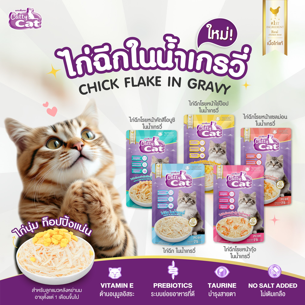 [1โหล12ซอง] Catty Cat แคทตี้แคท อาหารแมวเปียก (สูตรไก่ฉีกในน้ำเกรวี่ ) ขนาด 75g