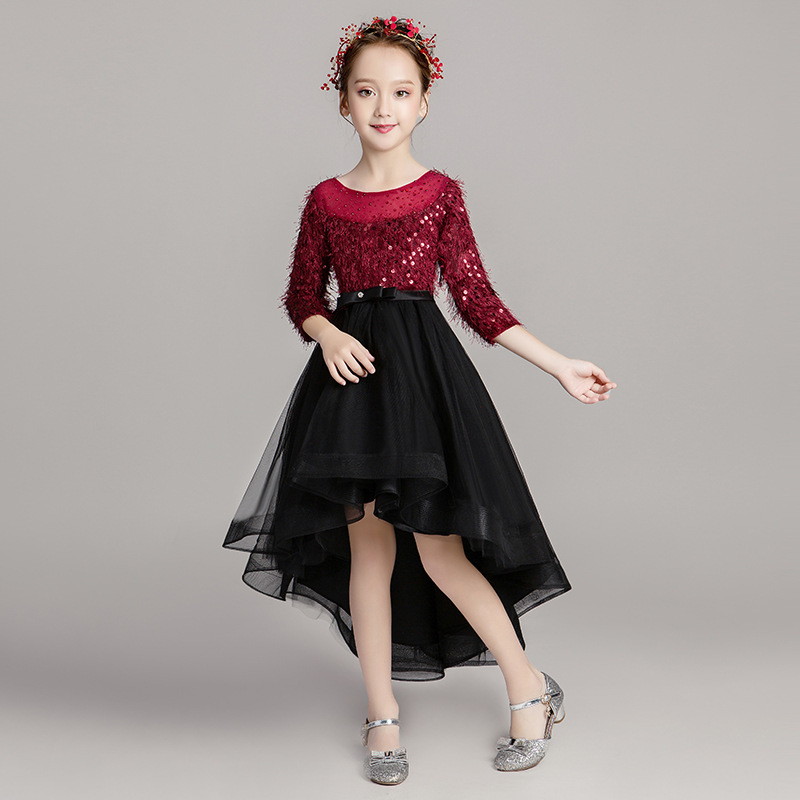 Gd3549- พร้อมส่งจากไทย ชุดออกงานเด็กหญิงสีแดง กระโปรงสีดำ ชุดราตรีเด็ก ทรงหน้าสั้นหลังยาวแบบเดรสหางปลา