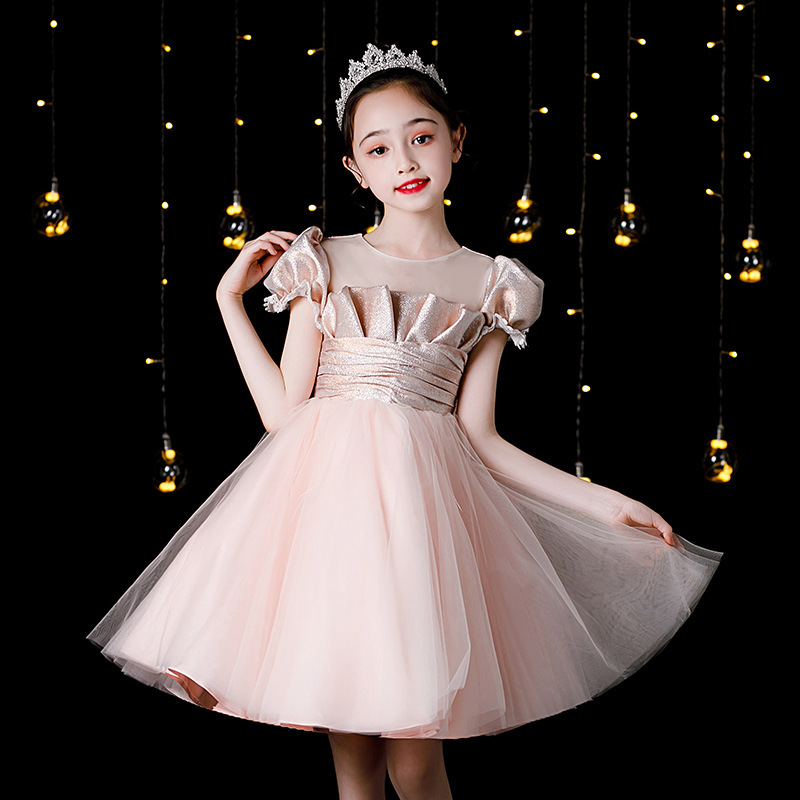 Gd4523- พร้อมส่งจากไทย ชุดออกงานเด็กหญิงสีชมพู แบบชมพูโรสโกลด์ หรือสีพิ้งค์โกลด์ สีสวยผ้าสวยสุดหรูหรา โบว์แยกจากชุดได้ ชุดราตรีเด็กทรงสั้น