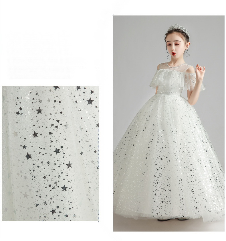 Gd3729- พร้อมส่งจากไทย ชุดราตรีเด็กสีขาว ตกแต่งดาวสีเงิน งานสวยหรูดูดี ชุดออกงานเด็กหญิง มีแขน