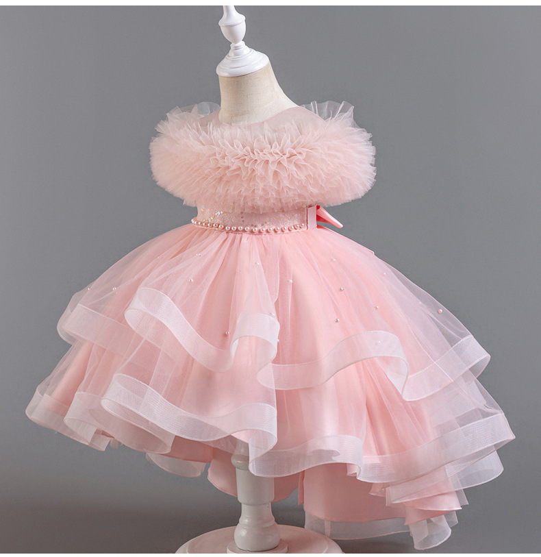 Gd4124- พร้อมส่งจากไทย ชุดออกงานเด็กหญิงสีชมพู แขนสวยฟูฟ่อง ทรงสวย กระโปรงติดมุก สุดน่ารัก ชุดราตรีเด็กทรงหน้าสั้น-หลังยาว