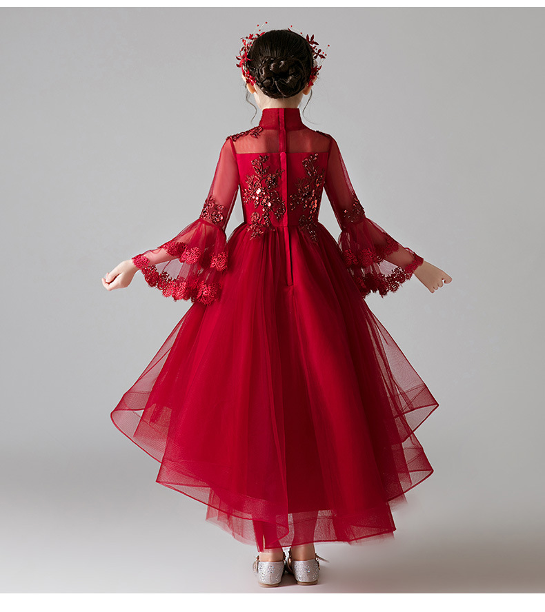 Gd3806- พร้อมส่งจากไทย ชุดราตรีเด็ก สีแดงเข้ม ชุดออกงานเด็กหญิง แขนยาว ทรงหน้าสั้นหลังยาวแบเดรสทรงหางปลา งานลูกไม้สวย ดูหรูหรา คอจีน