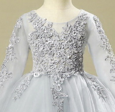 Gd32231 พร้อมส่งชุดเดรสออกงานเด็กสีเทา ชุดราตรีเด็กทรงสั้น แขนยาว สุดสวยหรู