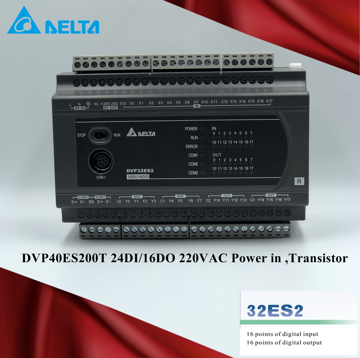 Delta PLC DVP40ES200T 24DI/16DO 220VAC Power in (Transistor)