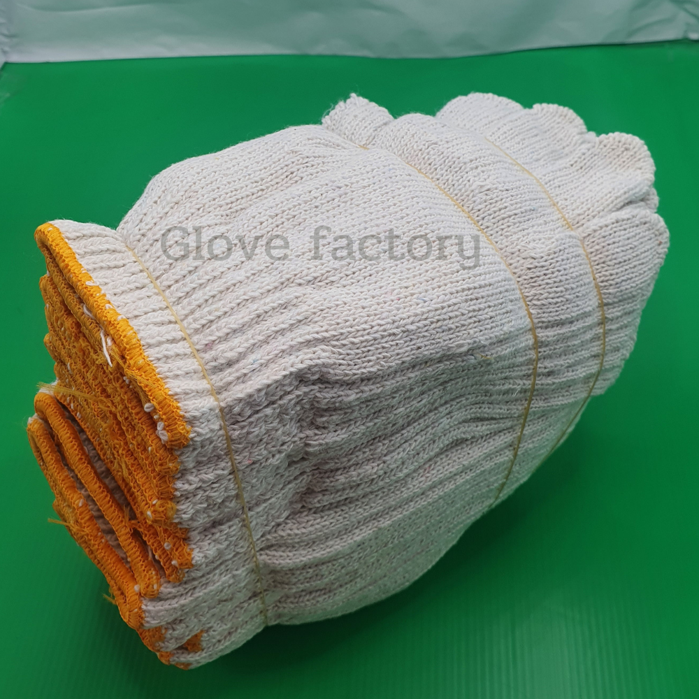 ถุงมือผ้า ขนาด 700 กรัม (ZW07) 12คู่/โหล สีขาว ขอบเหลือง อย่างหนา ถุงมือผ้ายกโหล ถุงมือผ้าฝ้าย