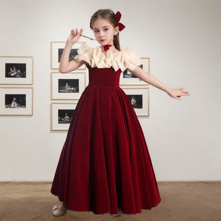 Gd4208- พร้อมส่งจากไทย ชุดราตรีเด็กสีแดงเข้ม ทูโทนสีแดง-ครีม ชุดออกงานเด็กหญิงทรงยาว ผ้ากำมะหยี่สวยสุดหรู ชุดการออกงานการแสดงเด็ก