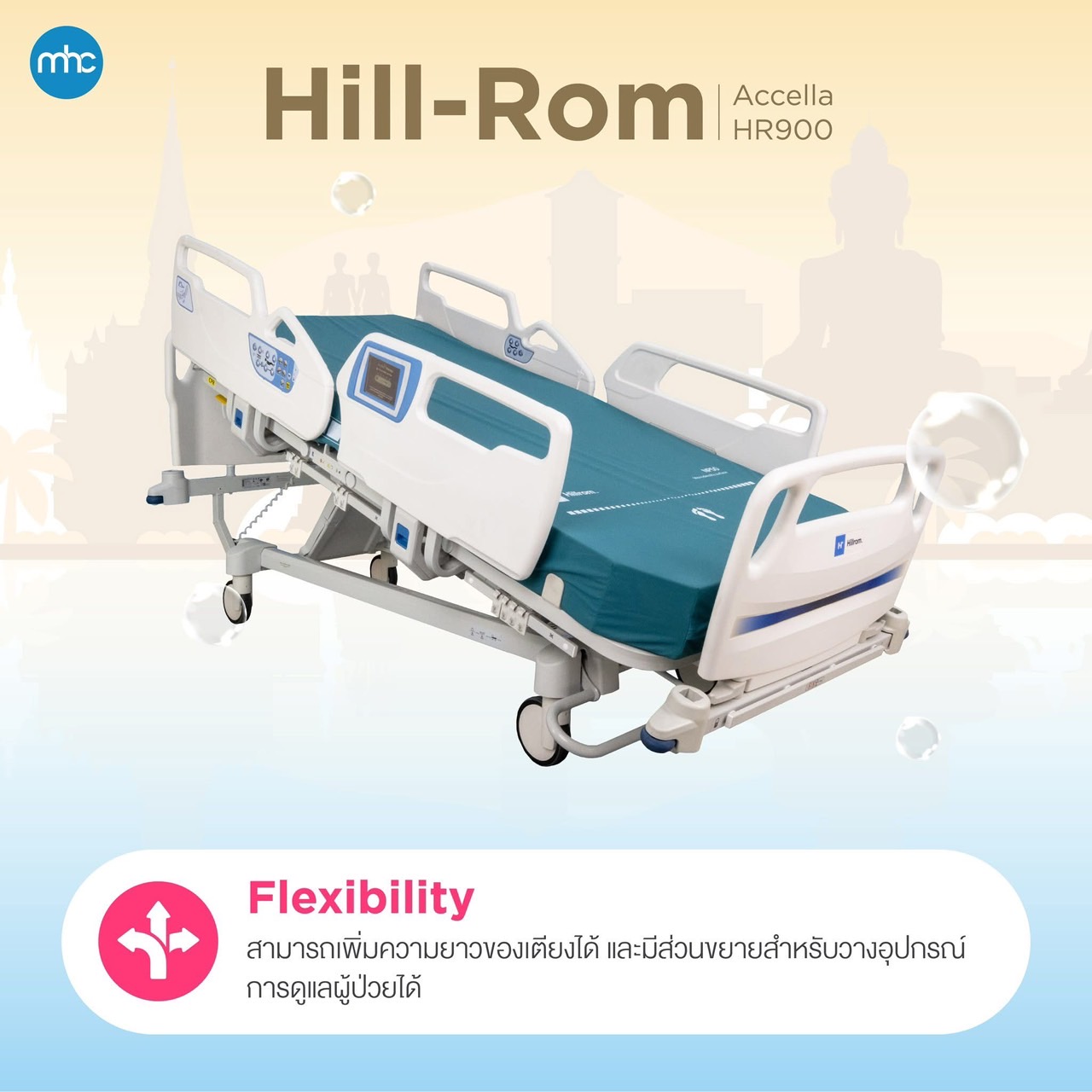 ชุดเตียงผู้ป่วยปรับระดับไฟฟ้า Hill-Rom Accella 900 + ฟูกที่นอน แบรนด์ Hill-Rom NP50 แบรนด์จากประเทศสหรัฐอเมริกา สามารถชั่งน้ำหนักคนไข้บนเตียงได้