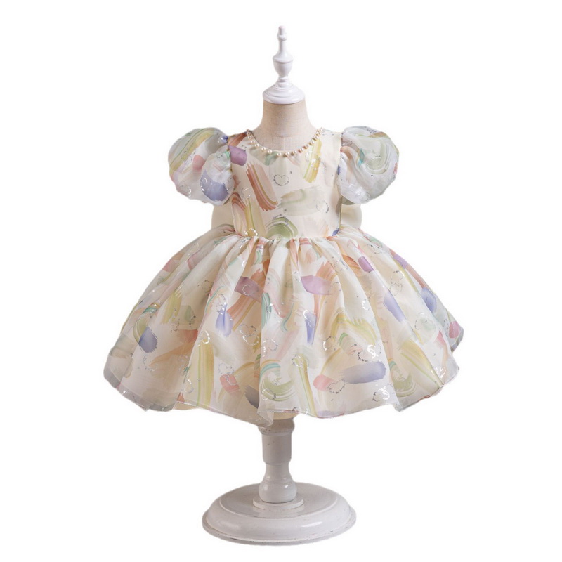 Gd4050- พร้อมส่งจากไทย ชุดราตรีเด็กสีครีม ชุดออกงานเด็กหญิงทรงสั้น ลายสวยหวาน แต่งโบว์และมุกสุดสวยหวาน มีแขนตุ๊กตา ลุคคุณหนูสุดน่ารัก สำหรับเด็กเล็ก-เด็กโต