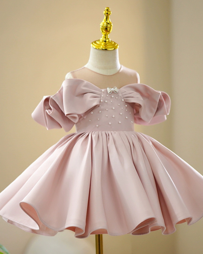 Gd4508- พร้อมส่งจากไทย ชุดออกงานเด็กหญิงสีชมพู ไหล่ซีทรู แขนออกแบบสวยเก๋ไม่เหมือนใคร อกร้อยติดมุกสุดหรูหรา ผ้าสวยหรูหราดุจไหม เด็กเล็ก-เด็กโต ชุดราตรีเด็กทรงสั้น