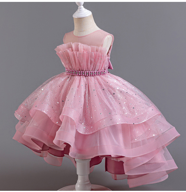 Gd4094- พร้อมส่งจากไทย ชุดออกงานเด็กหญิงสีชมพู และชมพูกลีบบัว สุดสวยหรูดูฟรุ้งฟริ้ง ไหล่ซีทรู ชุดราตรีเด็กทรงหน้าสั้น-หลังยาว แบบเดรสหางปลา