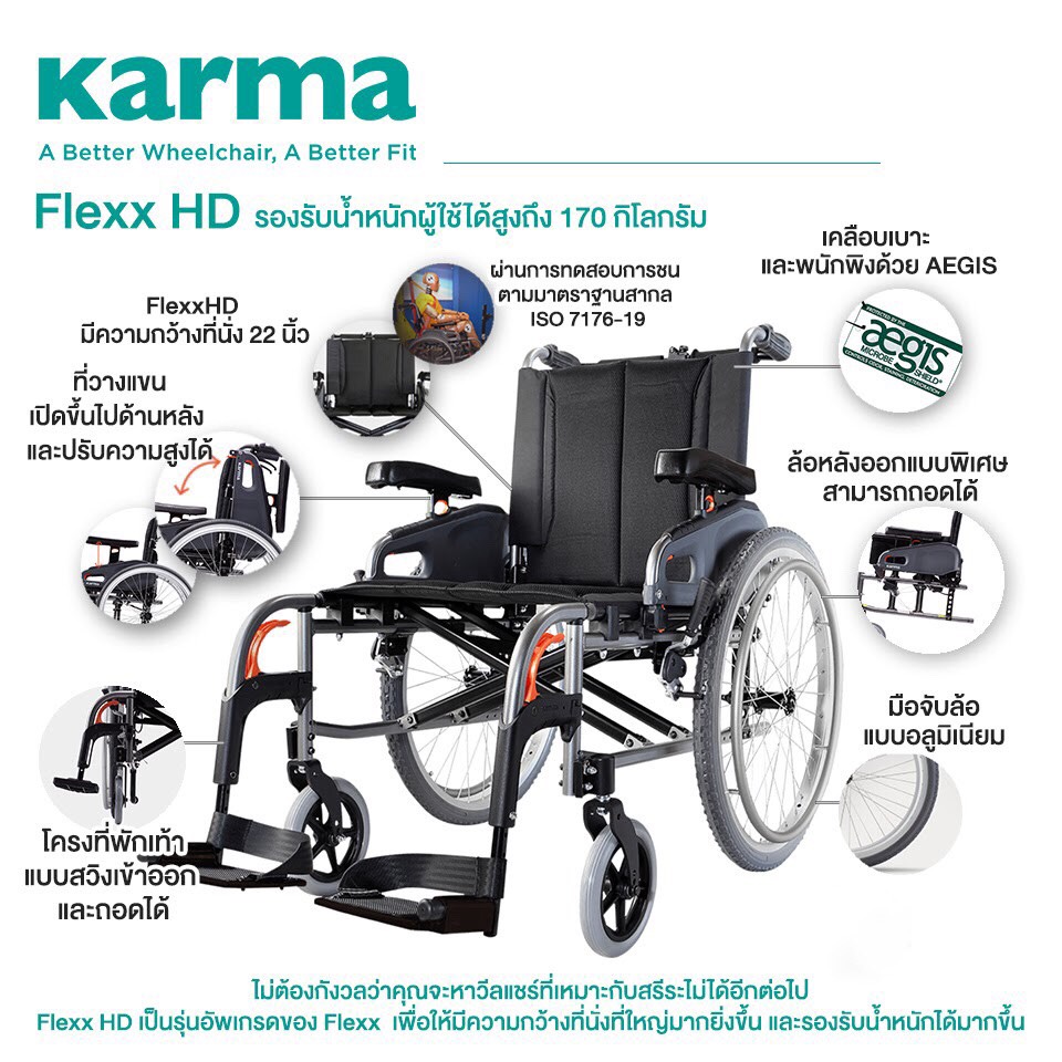 รถเข็นอลูมินัมอัลลอยด์คาร์ม่า ไซร์ใหญ่พิเศษ Karma รุ่น Flexx HD (KM-8022) เบาะกว้างพิเศษ 22 นิ้ว รองรับน้ำหนักสูงสุด 170 กิโลกรัม เหมาะสำหรับ คนมีรูปร่างใหญ่, คนที่มีน้ำหนักมาก, คนไซร์ฝรั่ง สูง ใหญ่ ของแท้ รับประกันศูนย์ไทย 5 ปี
