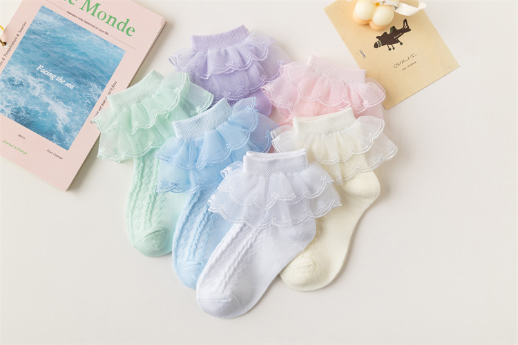 P5001- พร้อมส่งจากไทย ถุงเท้าลูกไม้เด็ก ระบายลูกไม้ แต่งลายลูกไม้น่ารัก ผ้ายืดหยุ่นนุ่มนวล สำหรับเด็ก1-12 ปี (ข้อสั้นตามภาพแบบ)