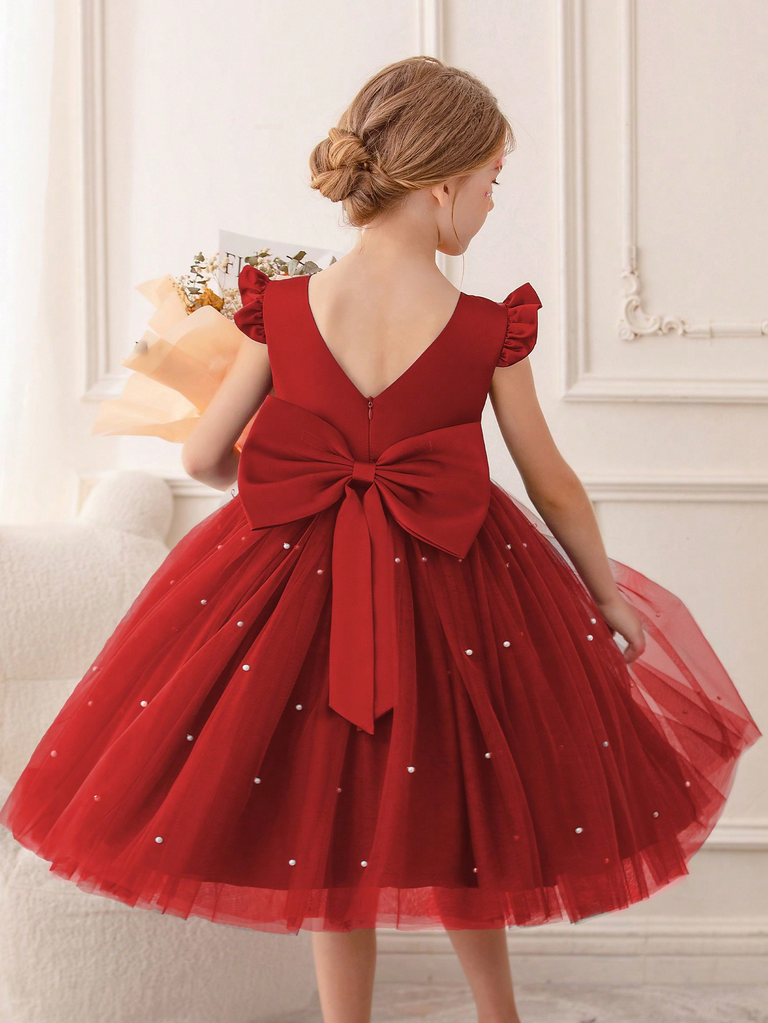 Gd4340- พร้อมส่งจากไทย ชุดออกงานเด็กหญิงสีแดง แขนระบายสุดน่ารัก โบว์ใหญ่สวยๆ แยกจากชุดได้ ตกแต่งมุกที่กระโปรง ตัวเสื้อเงาดุจผ้าไหม ชุดราตรีเด็กทรงสั้น