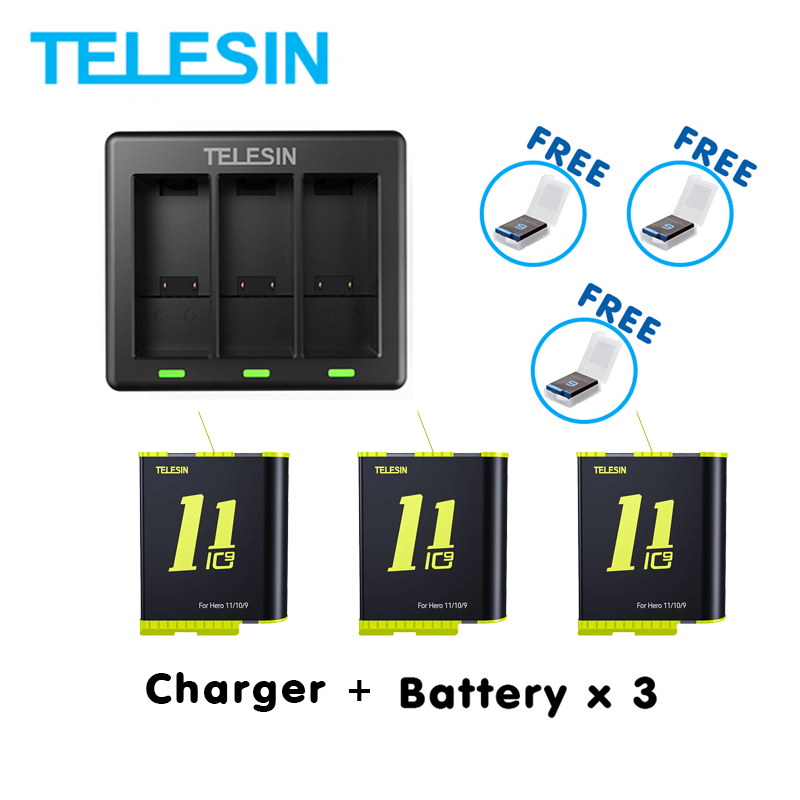 GoPro 11 / 10 / 9 Telesin Charger + Battery x 3 แท่นชาร์จ ที่ชาร์จ + แบตเตอร์รี่ x 3