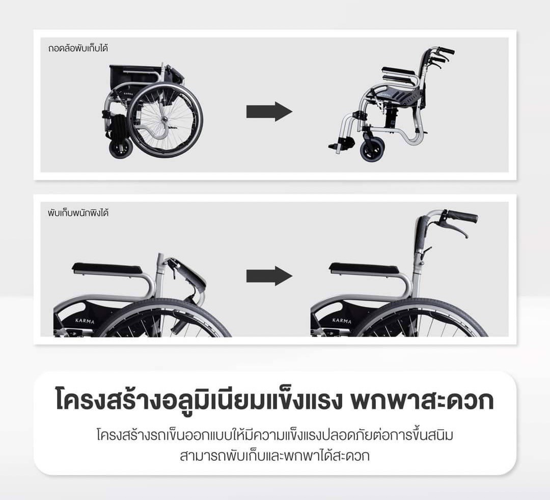 รถเข็นอะลูมิเนียมอัลลอยด์ KARMA รุ่น STAR2 (WheelChair KARMA STAR 2) ดีไซน์สวยงาม นั่งสบาย โครงพักเท้าสวิงเก็บไปด้านข้างได้ หรือถอดออกได้