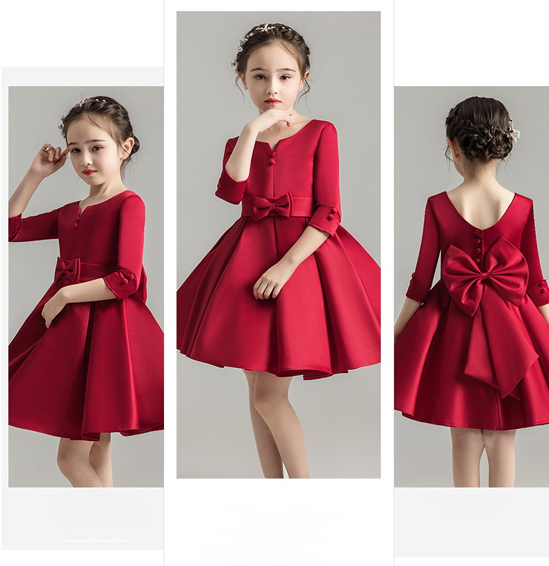Gd35002-1 พร้อมส่ง ชุดออกงานเด็กหญิงสีแดง ชุดราตรีเด็กทรงสั้น ชุดกระโปรงเด็กแขนยาวสามส่วน มีโบว์ใหญ่แยกได้