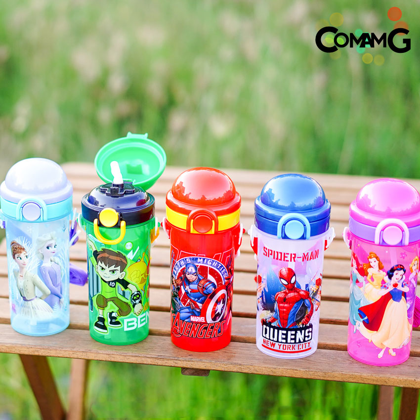 กระติกน้ำเด็กมีหลอดดูด ลายการ์ตูน ลิขสิทธิ์แท้ ขนาด 500มล. มีสายคล้องคอ