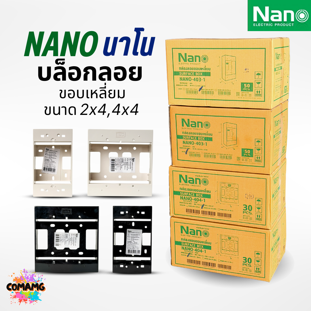 (ยกลัง) Nano บ๊อกลอย บล๊อกไฟ 2x4 4x4 รุ่นใหม่ NANO-403 สีขาว สีดำ ขอบเหลี่ยม ออกบิลได้