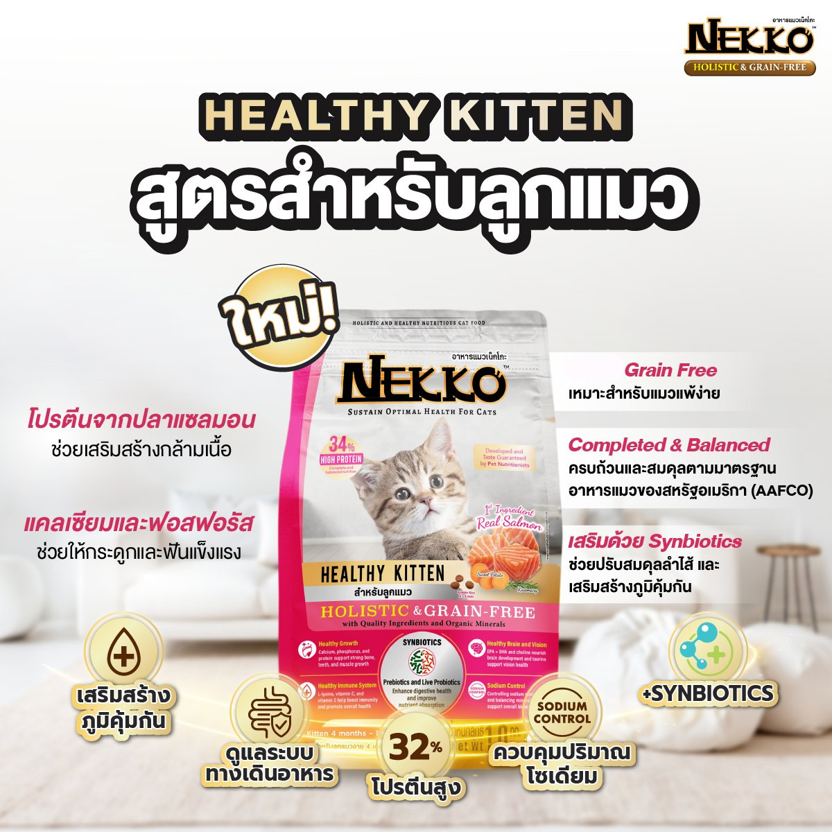Nekko Holistic&Grain-Free เน็กโกะ โฮลิสติกและเกรนฟรี อาหารเม็ดแมว อาหารแมว ขนาด 1kgx10