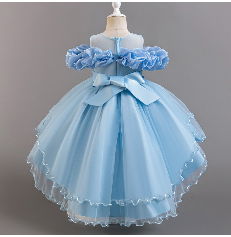 Gd4300- พร้อมส่งจากไทย ชุดออกงานเด็กหญิงสีฟ้า แขนสวยทรงสวยสุดน่ารัก ชุดราตรีเด็กทรงสั้น และทรงหน้าสั้น-หลังยาว