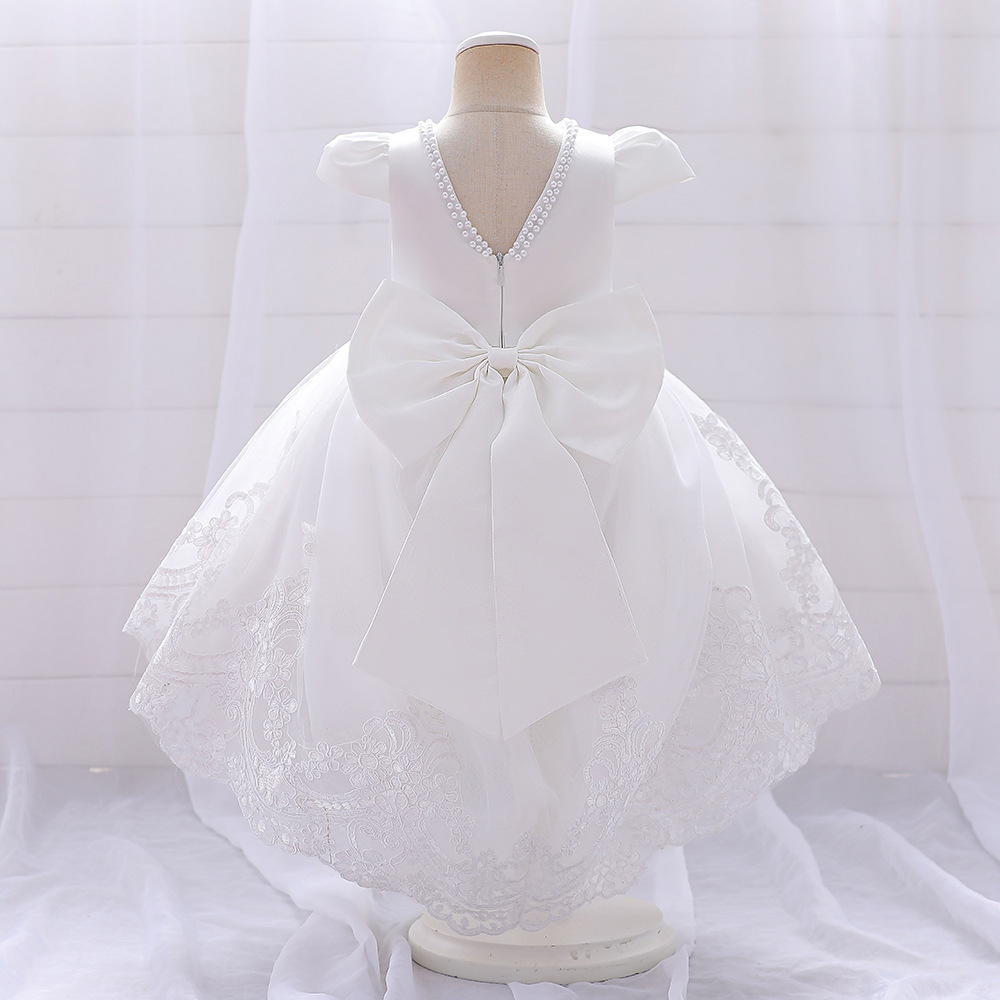 Gd3966- พร้อมส่งจากไทย ชุดออกงานเด็กหญิงสีขาว ลูกไม้สวยหรู เด็กเล็ก-เด็กโต ชุดราตรีเด็กทรงหน้าสั้น-หลังยาวแบบเดรสหางปลา ชุดออกงานการแสดง
