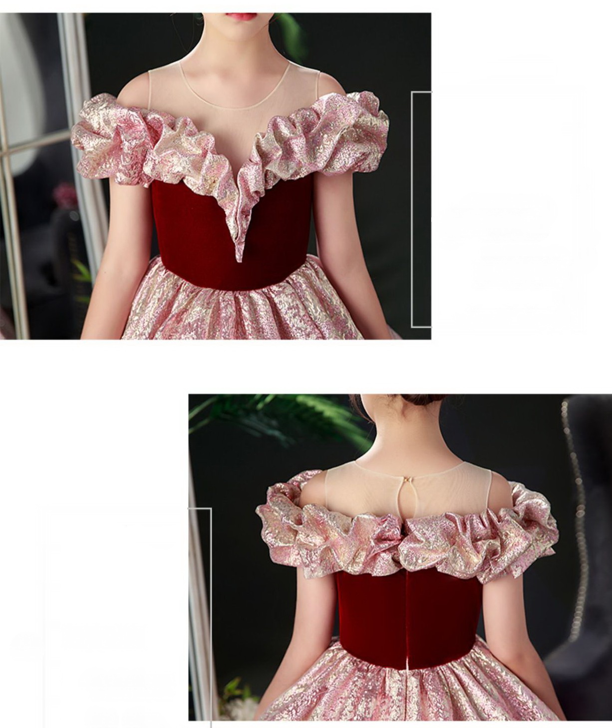 Gd4599- พร้อมส่งจากไทย ชุดออกงานเด็กหญิงสีชมพู-แดง ทูโทน ผ้าสวยทรงสวยสุดหรูหรา ตัวเสื้อกำมะหยี่สีแดงเข้ม ชุดราตรีเด็กทรงยาว ชุดออกงานการแสดง