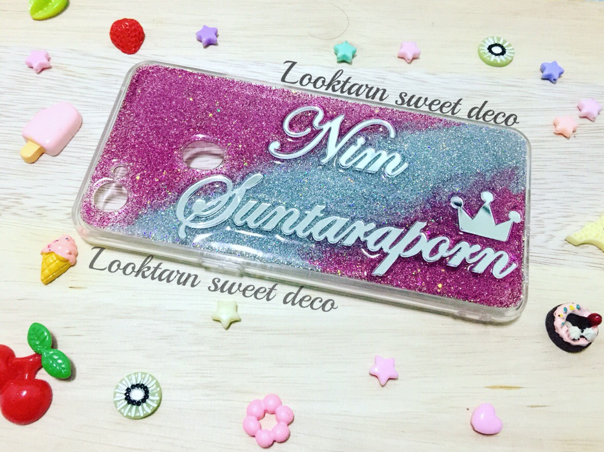 เคสกากเพชรสีชมพู เงิน ชมพู อักษรสีกระจกเงิน