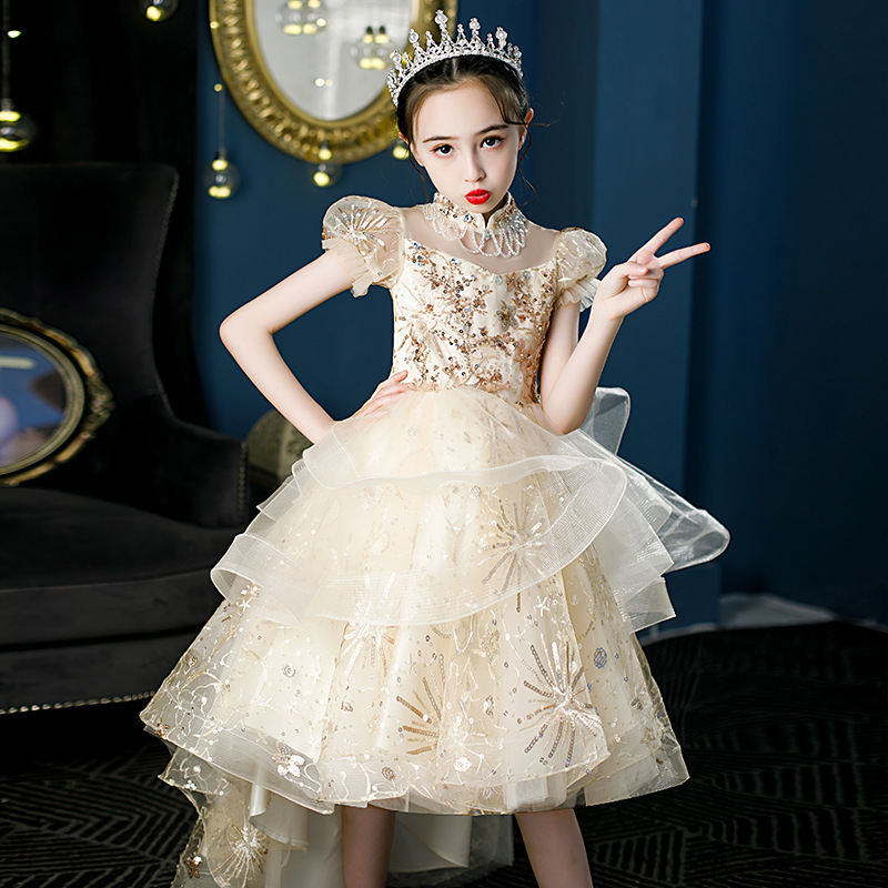 Gd3927- พร้อมส่งจากไทย ชุดออกงานเด็กหญิงสีทอง สีครีมตกแต่งสีทองสวยหรู ดูสวยเลิศ ชุดราตรีเด็กทรงหน้าสั้น-หลังยาวแบบเดรสหางปลา มีแขนตุ๊กตา