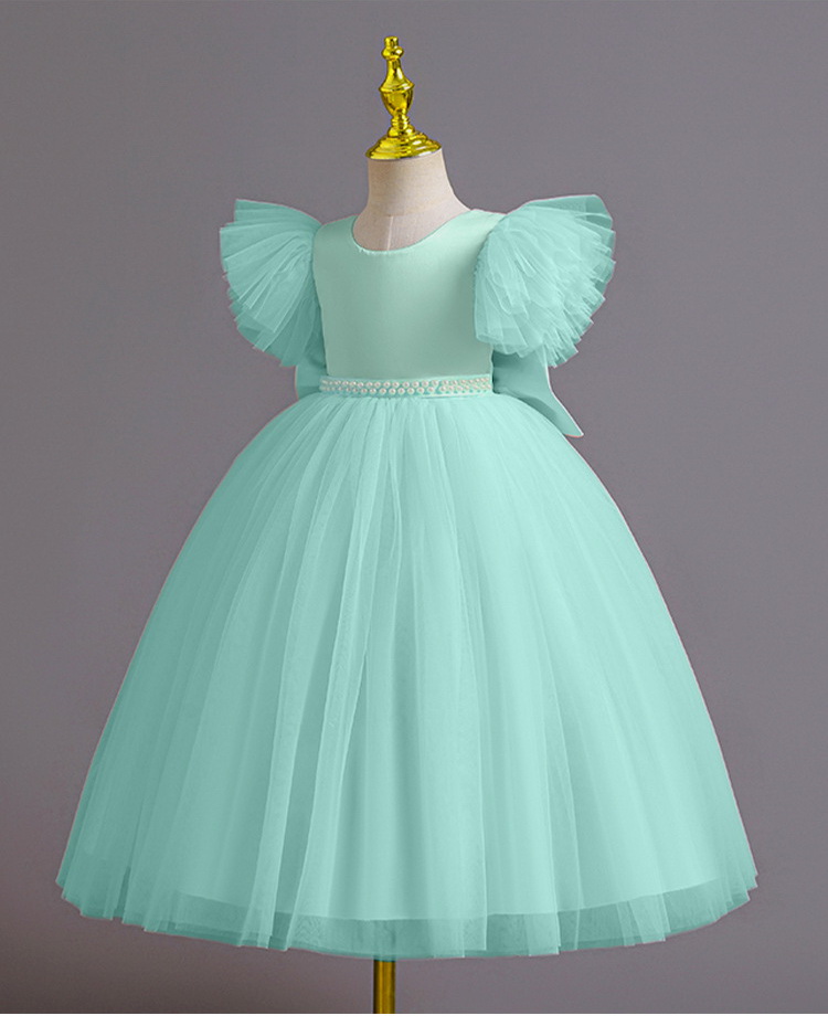 Gd4209- พร้อมส่งจากไทย ชุดออกงานเด็กหญิงสีเขียว เอวคาดมุกสวย โบว์ใหญ่ด้านหลังถอดได้ ชุดราตรีเด็กทรงยาว ชุดออกงานการแสดง