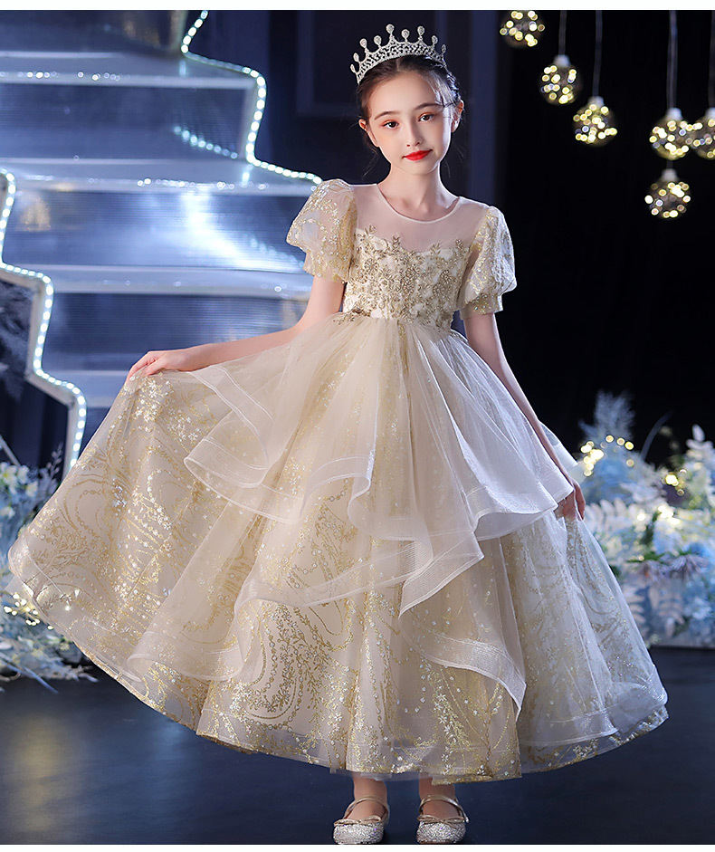 Gd3834- พร้อมส่งจากไทย ชุดออกงานเด็กหญิงสีทอง เลื่อมระยิบระยับ สุดสวยเลิศหรูดุจเจ้าหญิง ชุดราตรีเด็กทรงยาว มีแขน