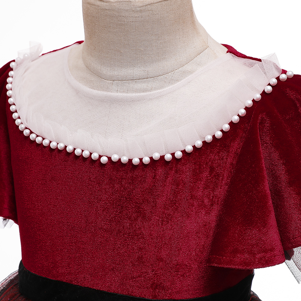 Gd35481 พร้อมส่งจากไทย ชุดราตรีเด็กสีแดงกำมะหยี่ ทรงสั้น มีแขน หรือ ใช้เป็น ชุด คริสมาส เด็ก ผู้หญิง ได้ ชุดคริสมาสต์